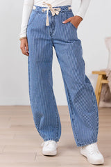 Navy Pinstripe Barrel Jeans