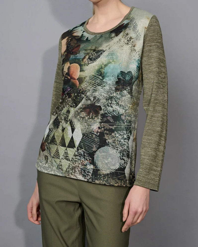 Crew-Neck Printed Heather Knit Top