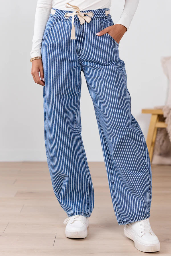Navy Pinstripe Barrel Jeans